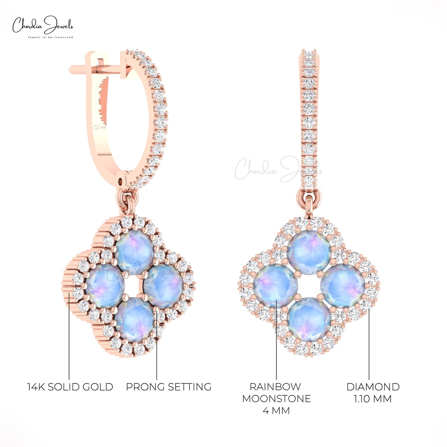 Four Leaf Clover Earring in 14k Solid Gold Rainbow Moonstone With Pave Diamond Earrings