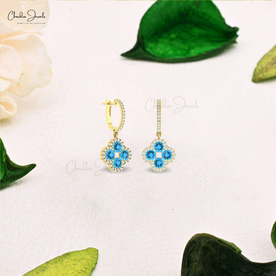 Floral Dangle 4mm Round Swiss Blue Topaz And Diamond Halo 14k Gold Cluster Earrings