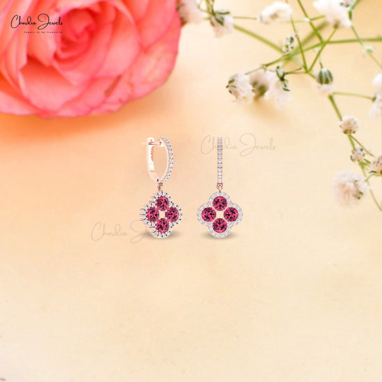 Clover Shape 14k Solid Gold Danglers With 2 CTW Tourmaline And Diamond Halo Earrings For Her