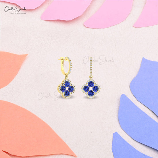 Clover Shape 4mm Round Blue Tanzanite And Halo Diamond 14k Real Gold Dangle Earrings