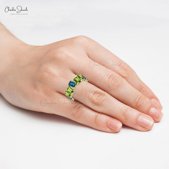 Real 14k Gold 7 Stone Band In 7x5mm London Blue Topaz And Peridot G-H Diamond Women Ring