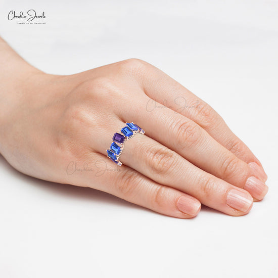 Seven Stone Real 14k Gold Ring In 7x5mm Octagon Amethyst And Tanzanite Half Eternity Band