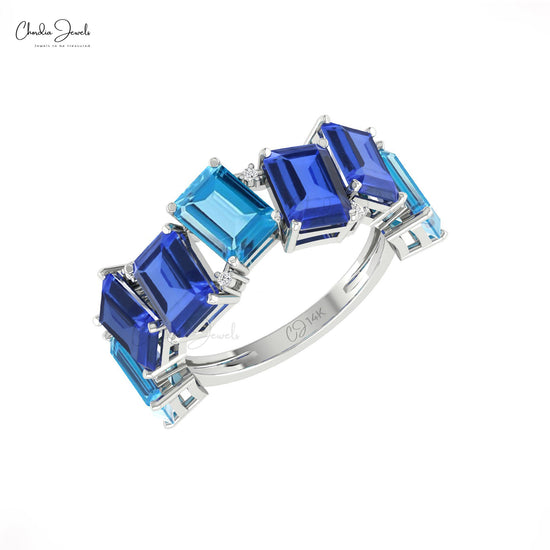 Half Eternity Stack Band With Swiss Blue Topaz And Tanzanite Pave Diamond 14k Gold Ring