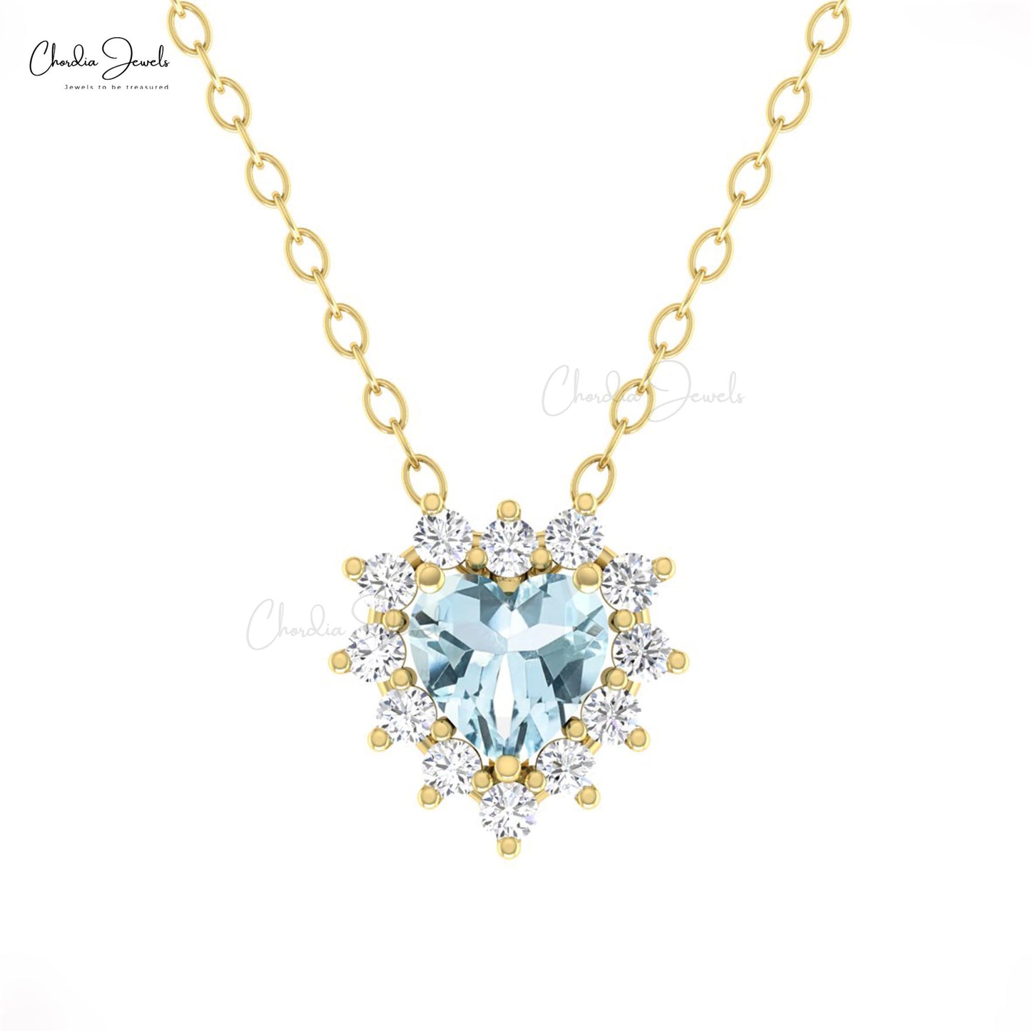 Prong Set 5mm Aquamarine With Cluster Diamond Halo Heart Necklace In 14k Solid Gold Fine Jewelry