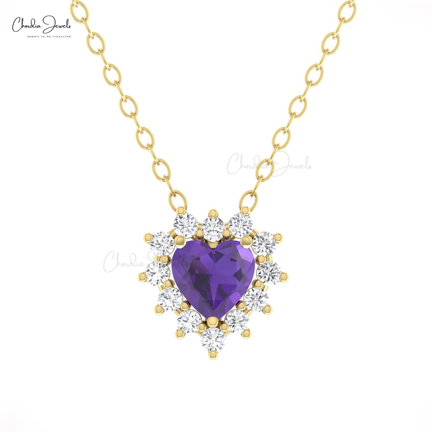 Halo Heart 14k Solid Gold Necklace With 0.4 CT Amethyst And Diamond Fine Jewelry For Her