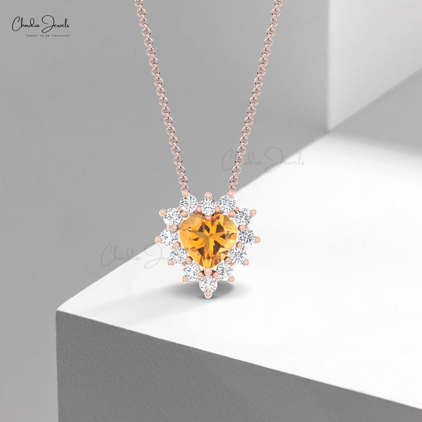 Authentic 0.4 CT Citrine And Diamond 14k Gold Halo Heart Necklace November Birthstone Jewelry