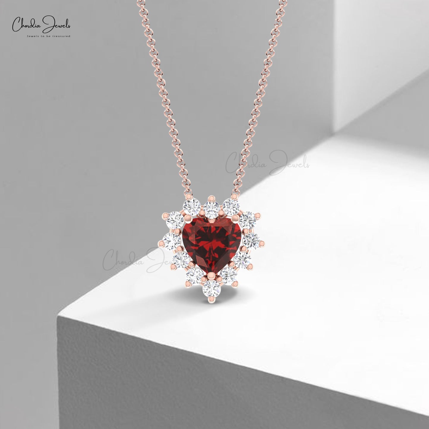 Natural 0.4 CT Red Garnet With Small Diamond 14k Real Gold Halo Heart Women Necklace