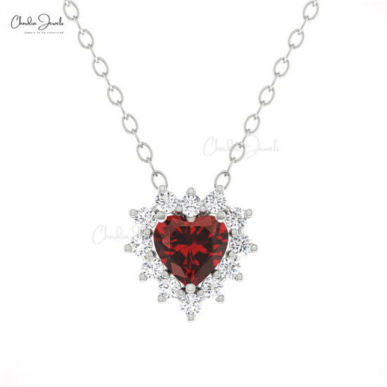 Natural 0.4 CT Red Garnet With Small Diamond 14k Real Gold Halo Heart Women Necklace