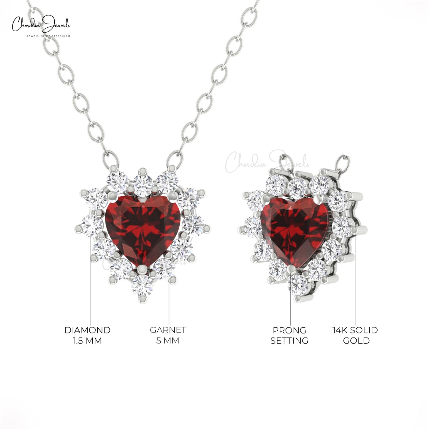 Natural 0.4 CT Red Garnet With Small Diamond 14k Real Gold Halo Heart Women Necklace