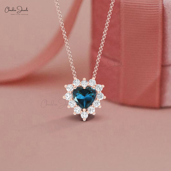 Real London Blue Topaz 5mm Gemstone With Diamond Halo Heart 14k Gold Necklace Fine Jewelry