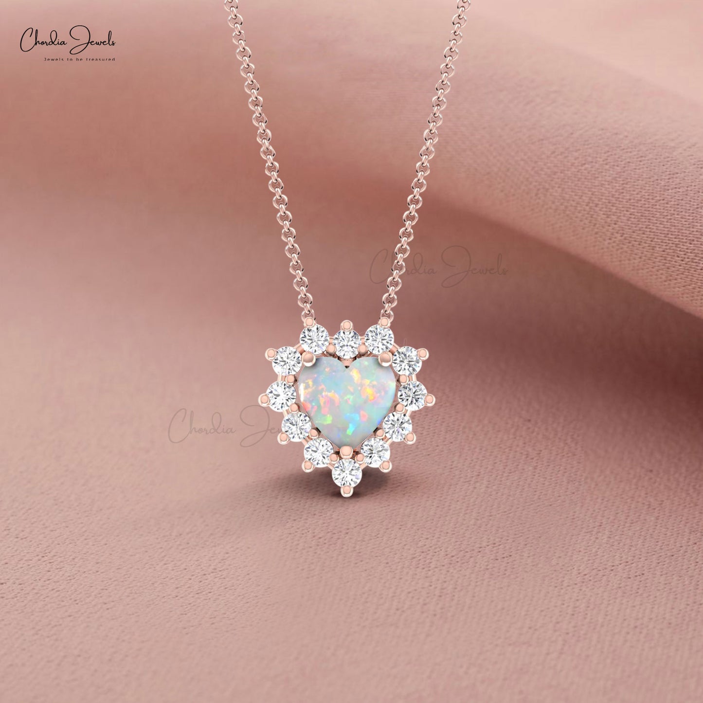 Solid 14k Gold Halo Diamond With 5mm Heart Shape Ethiopian Opal Love Necklace Fine Jewelry