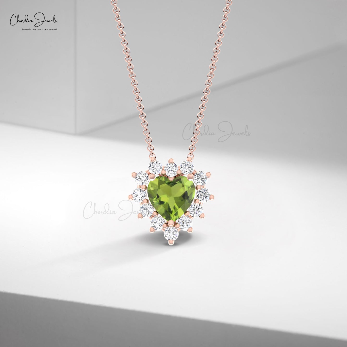 Halo Diamond  Necklace With 0.4 CT Green Peridot Prong Set Heart Necklace In 14k Pure Gold