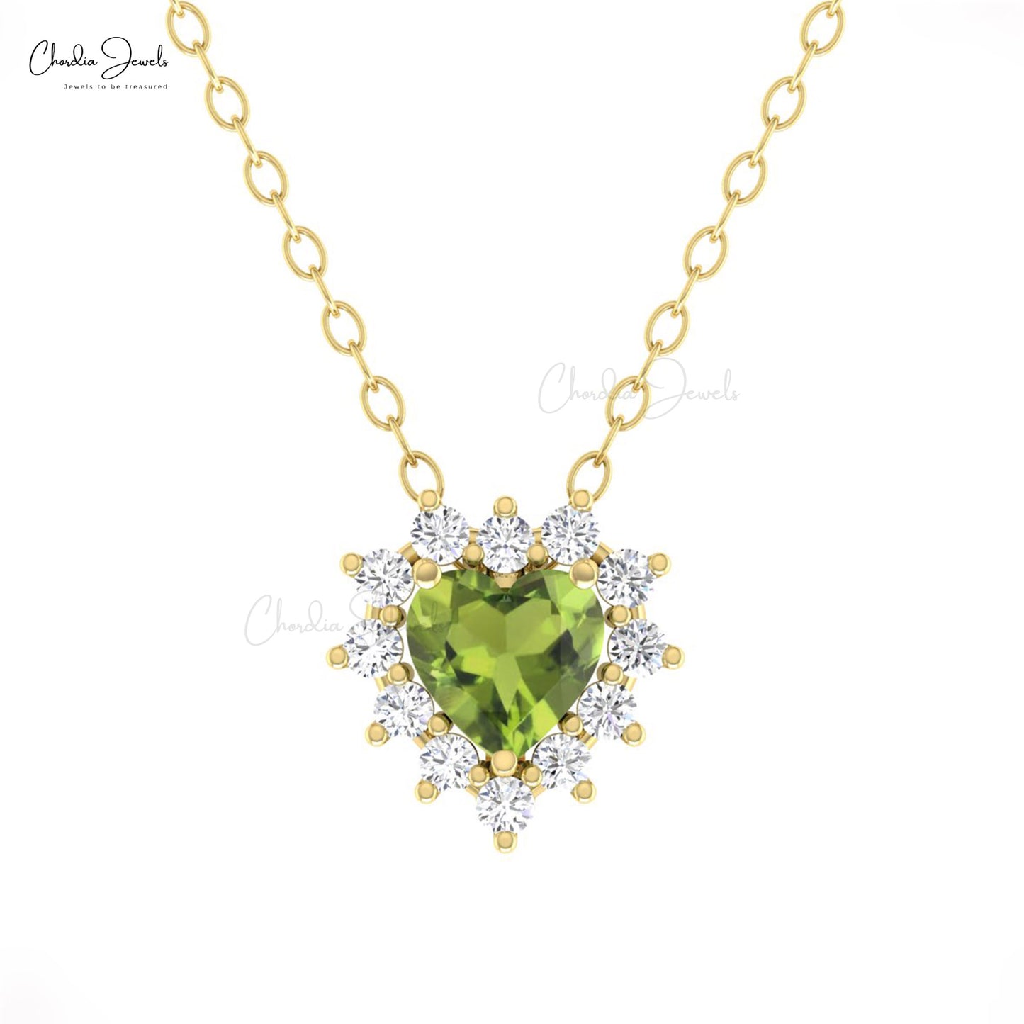 Halo Diamond  Necklace With 0.4 CT Green Peridot Prong Set Heart Necklace In 14k Pure Gold