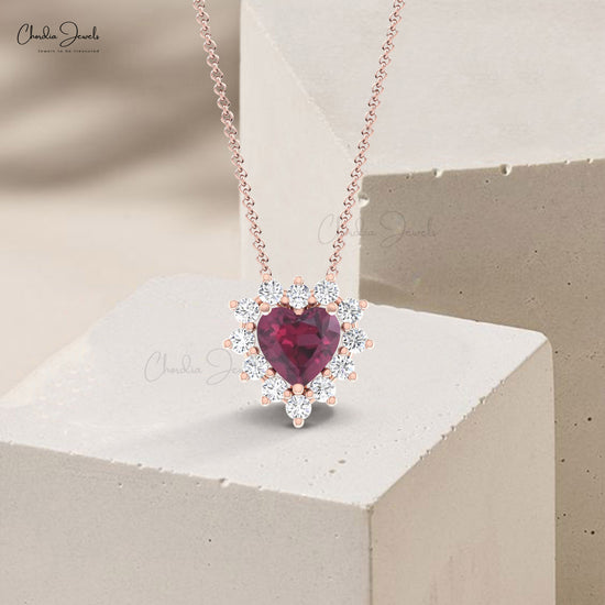 Solid 14k Gold Heart Shape Necklace With 5mm Rhodolite Garnet And Diamond Halo Necklace For Her