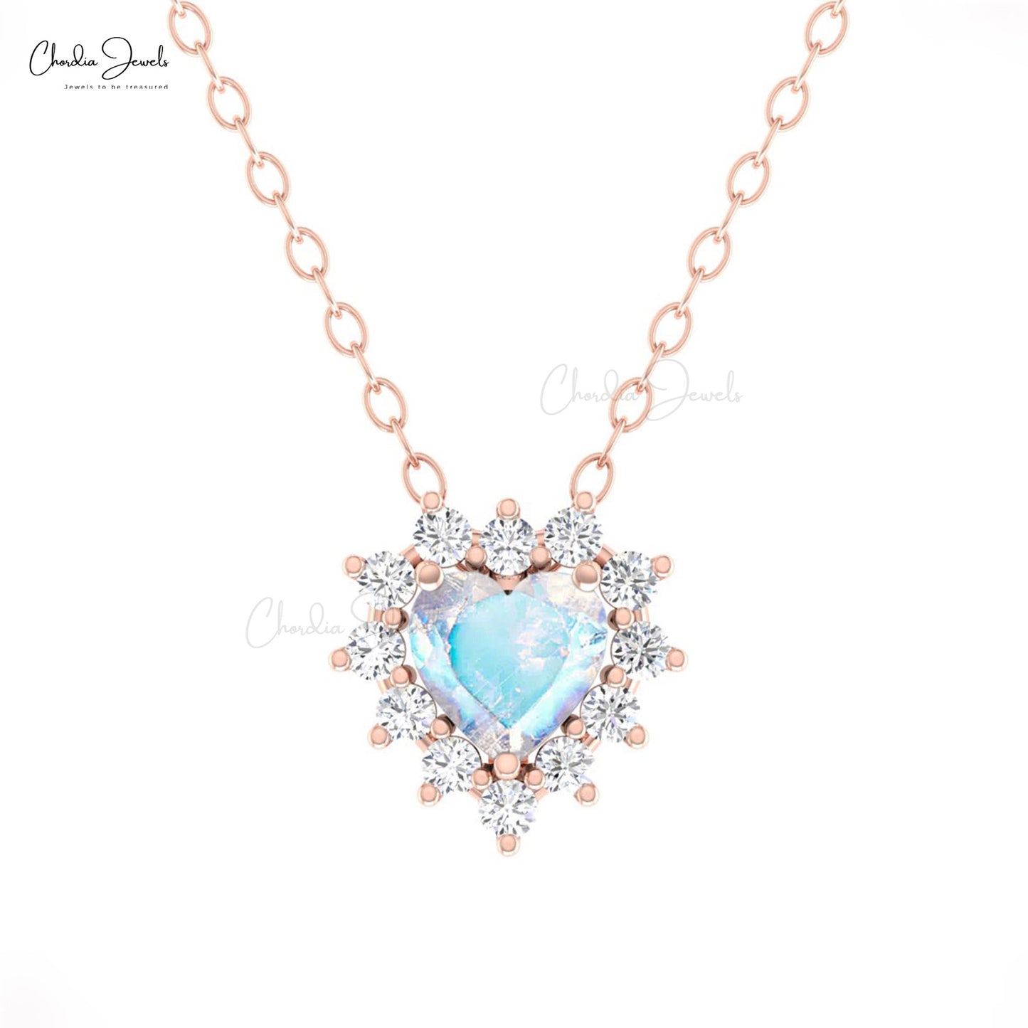 Halo Gemstone Chain Necklace With 5mm Moonstone And Diamond 14k Solid Gold Love Necklace