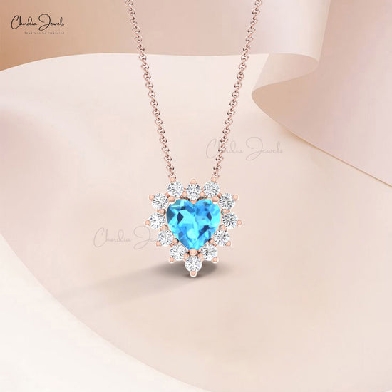 Love Necklace In 14k Real Gold With 5mm Swiss Blue Topaz Halo Diamond Necklace For Farewell