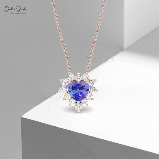 Delicate 5mm Tanzanite Gemstone And Diamond Halo Heart Necklace In 14k Solid Gold Fine Jewelry