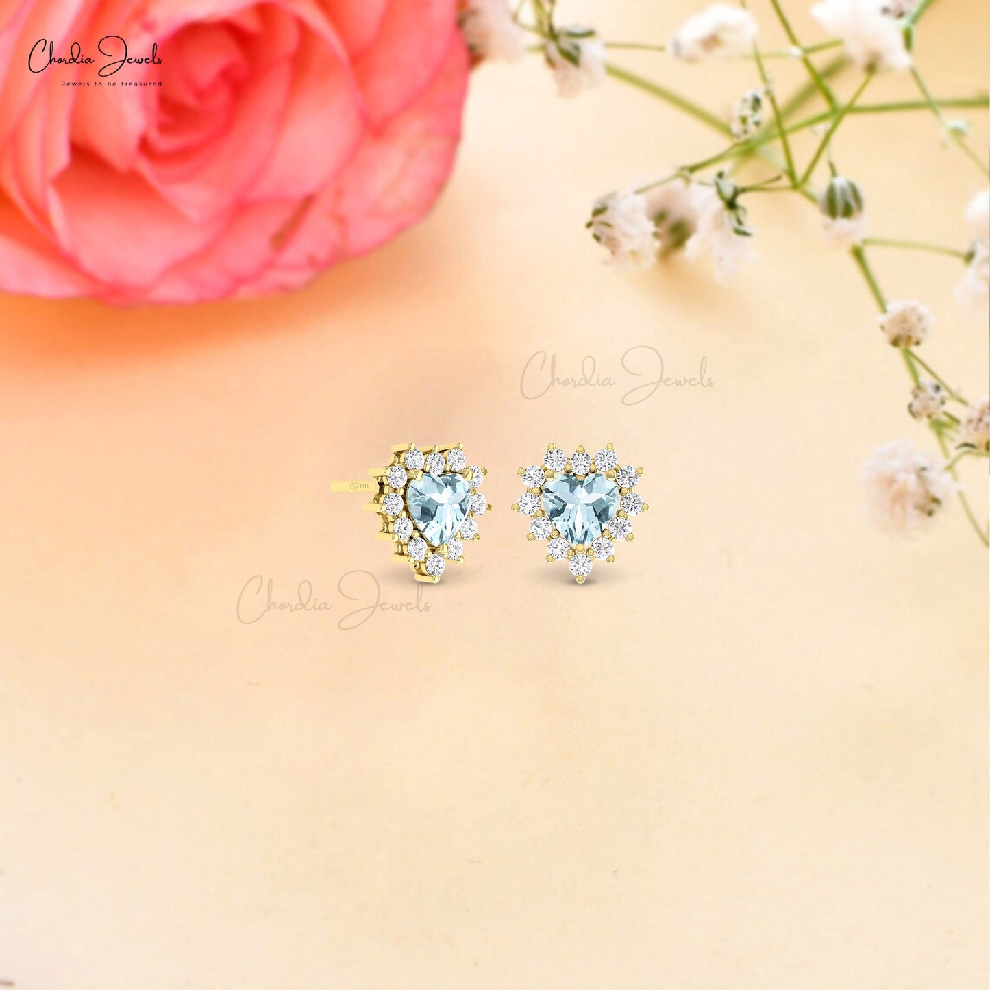 Real 14k Gold Heart Cut Aquamarine & Diamond Halo Stud Earrings For Love