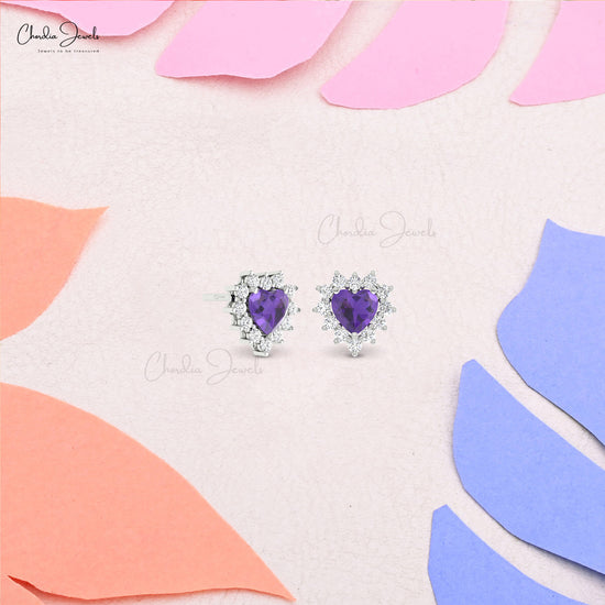 Natural 0.36 Ct Amethyst and Diamond Halo Heart Stud Earrings In 14k Solid Gold