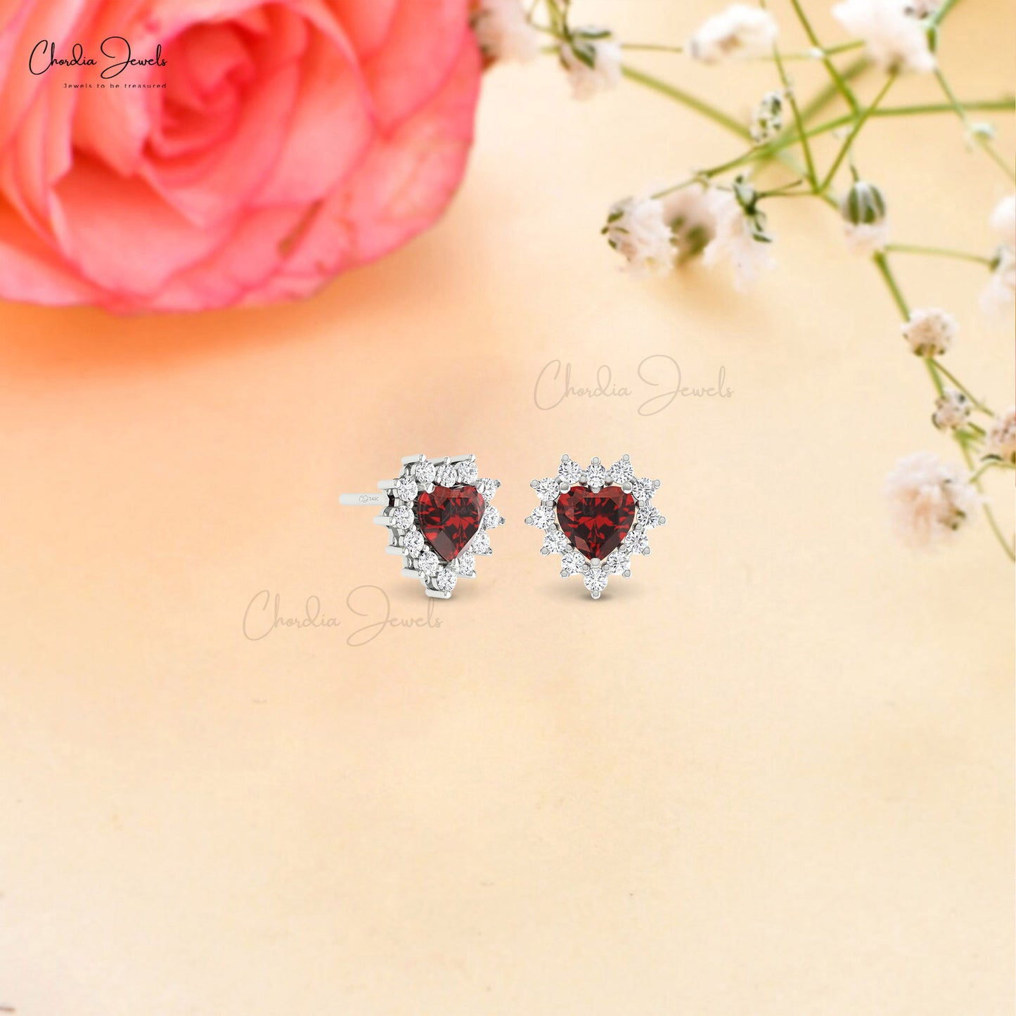 Heart Shape Garnet & Diamond Accents in 14k Real Gold Minimalist Halo Stud Earrings