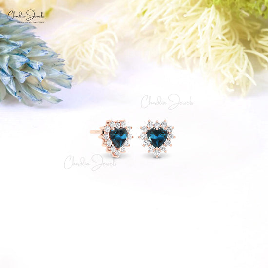 Prong Set 5mm London Blue Topaz And Halo Diamond Heart Shape 14k Solid Gold Earrings For Her