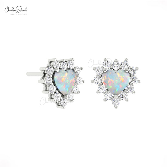 Halo Heart Earrings With Genuine Fire Opal And Dainty Diamond Accents In 14k Solid Gold Love Studs