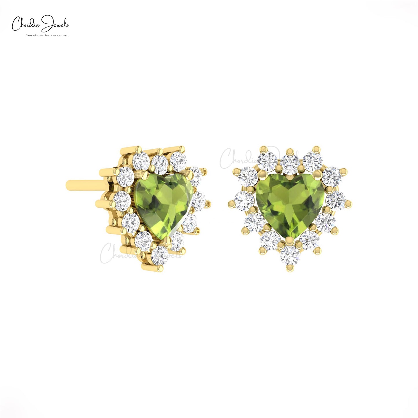 Heart Shape Natural Peridot And Diamond Halo Minimalist Earrings In 14k Solid Gold