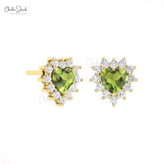 Heart Shape Natural Peridot And Diamond Halo Minimalist Earrings In 14k Solid Gold