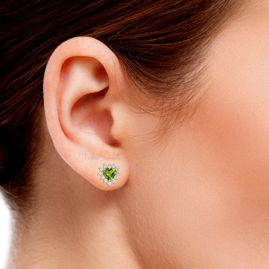 Heart Shape Natural Peridot And Diamond Halo Minimalist Earrings In 14k Solid Gold