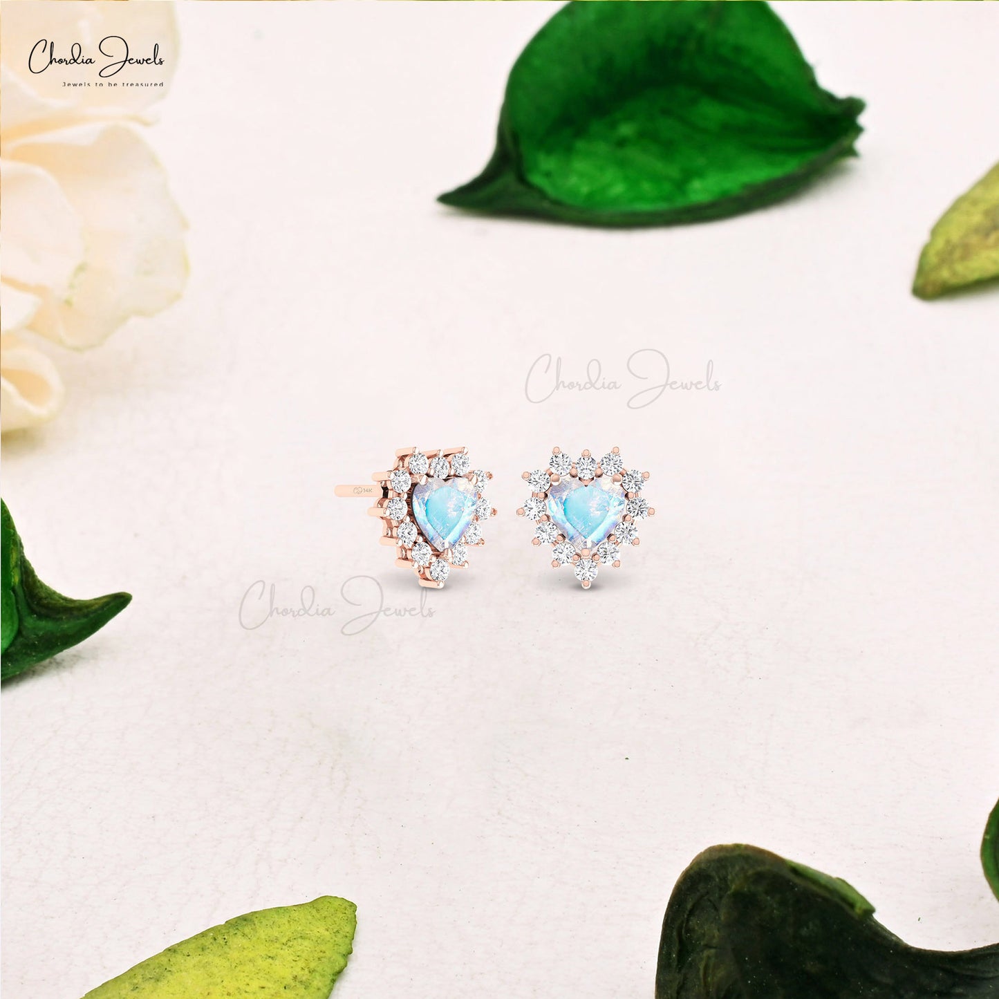 Heart Shape 5mm Rainbow Moonstone With Halo Diamond Stud Earrings In 14k Solid Gold For Mom