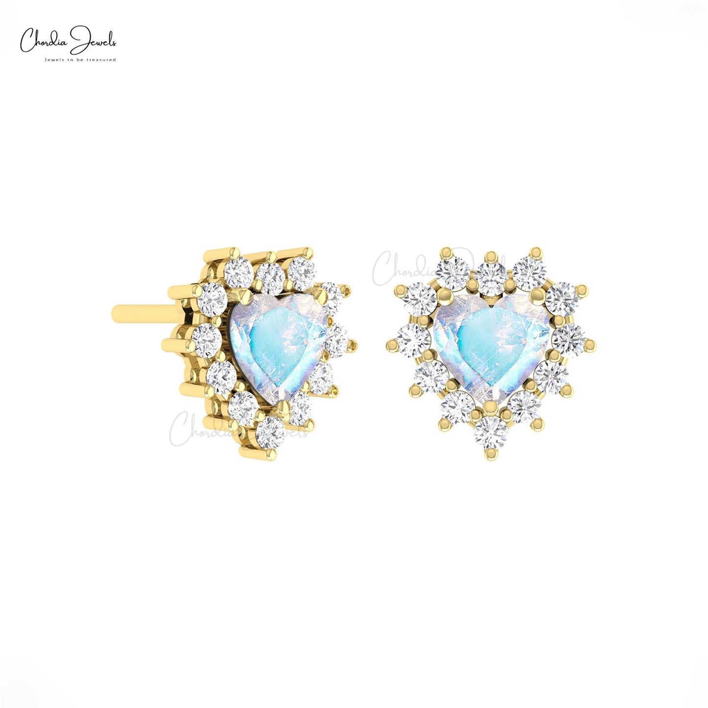 Heart Shape 5mm Rainbow Moonstone With Halo Diamond Stud Earrings In 14k Solid Gold For Mom