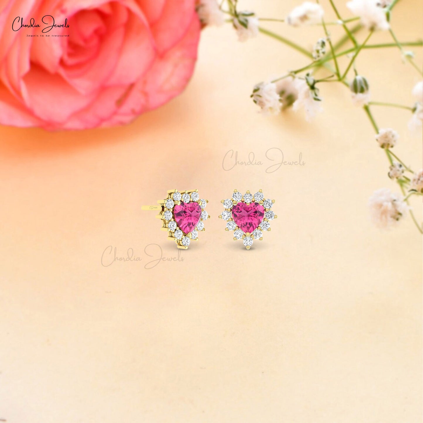 Halo Heart 14k Solid Gold Studs With Natural Pink Tourmaline & Diamond Earrings For Her