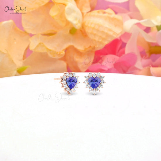 Natural Heart Cut Tanzanite And Diamond Halo Stud Earrings In 14k Solid Gold