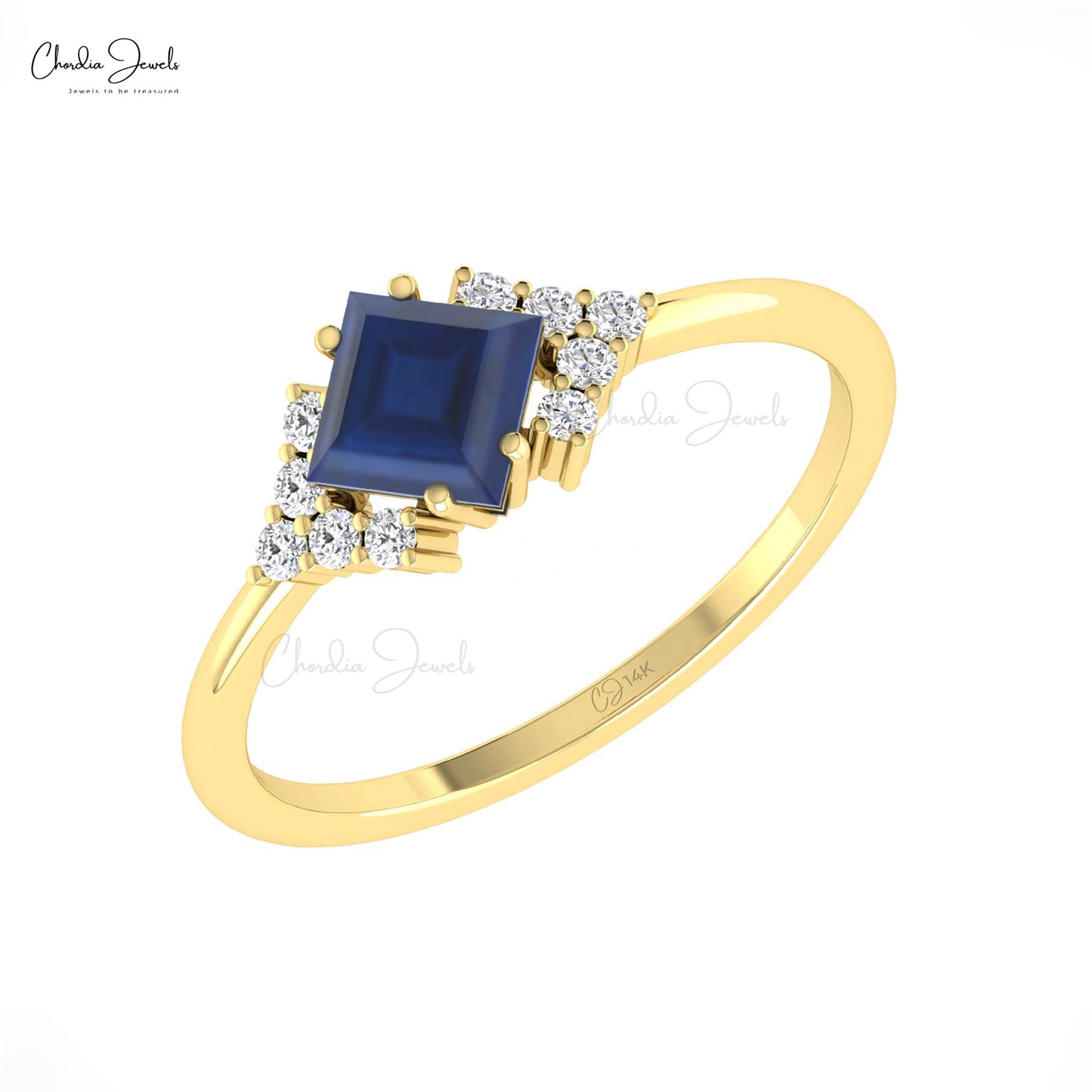 Square Gemstone Ring in 14k Real Gold Blue Sapphire And Diamond Engagement Ring