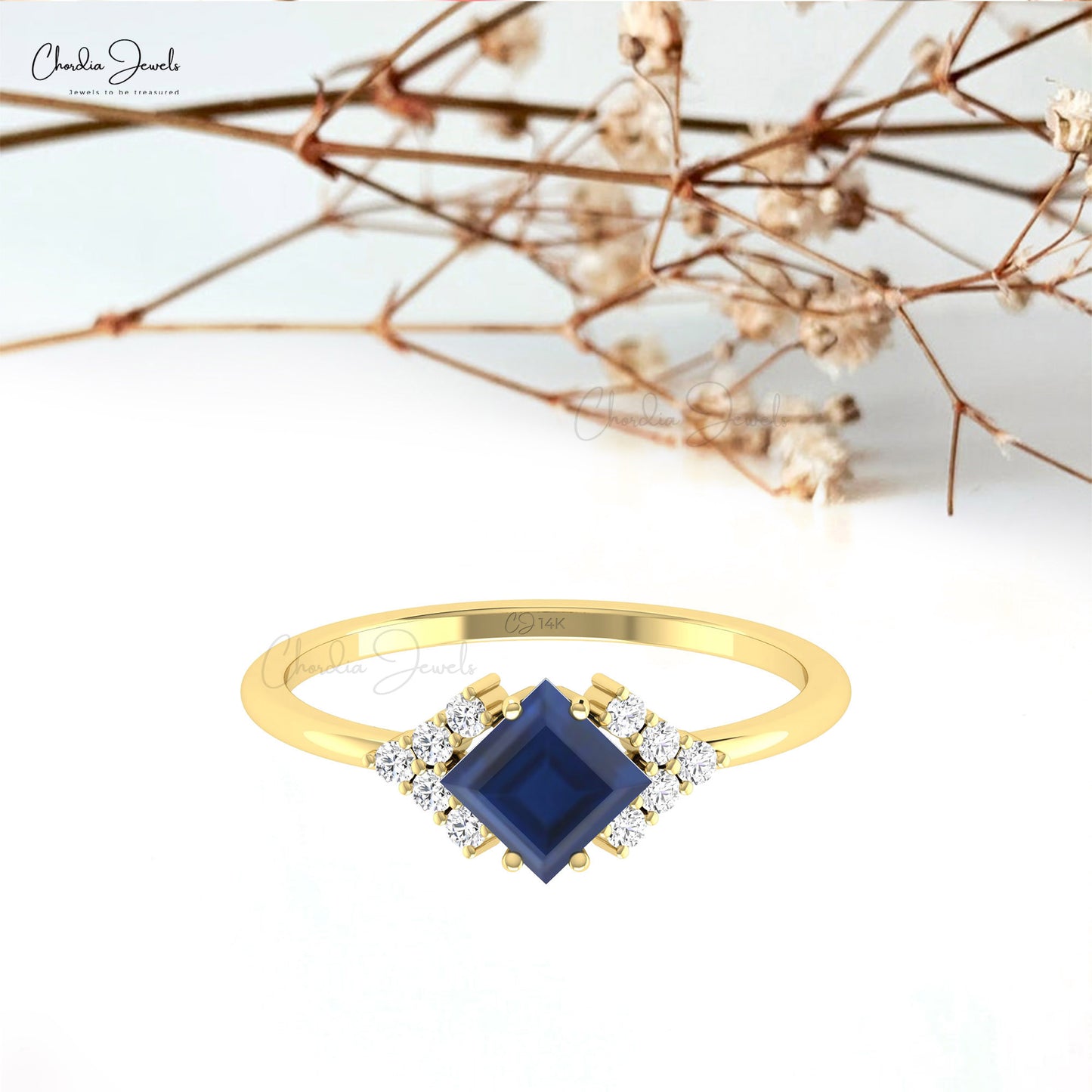 Square Gemstone Ring in 14k Real Gold Blue Sapphire And Diamond Engagement Ring