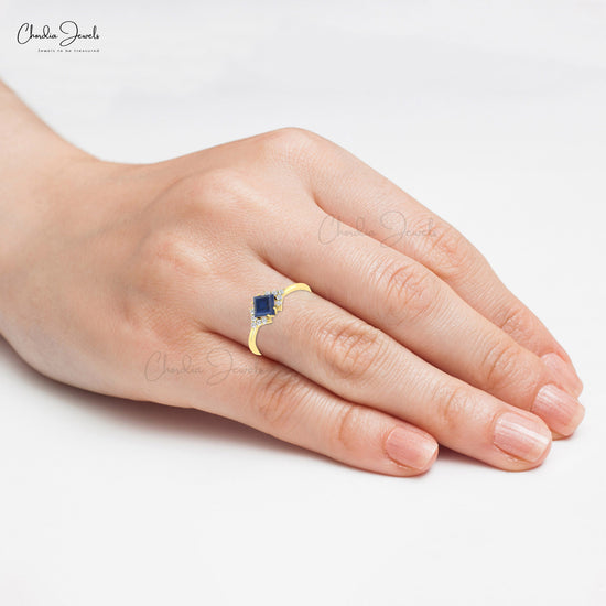 Square Gemstone Ring in 14k Real Gold Blue Sapphire And Diamond Engagement Ring