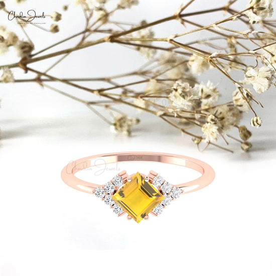 Real 14k Gold Square Cut 5mm Citrine Gemstone With Diamond Half Halo Diamond Ring For Love