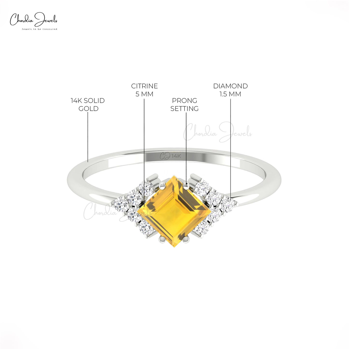 Real 14k Gold Square Cut 5mm Citrine Gemstone With Diamond Half Halo Diamond Ring For Love