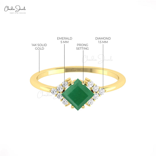 Real Emerald Half Halo Ring 14k Solid Gold Diamond Accents Handmade Ring