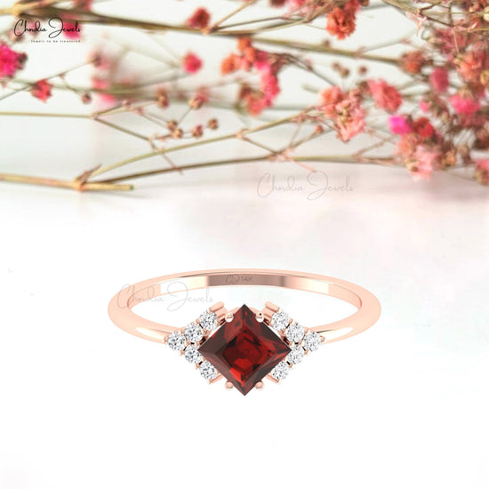 Half Halo Diamond Ring In 14k Solid Gold With 5mm Square Cut Garnet Gemstone Ring