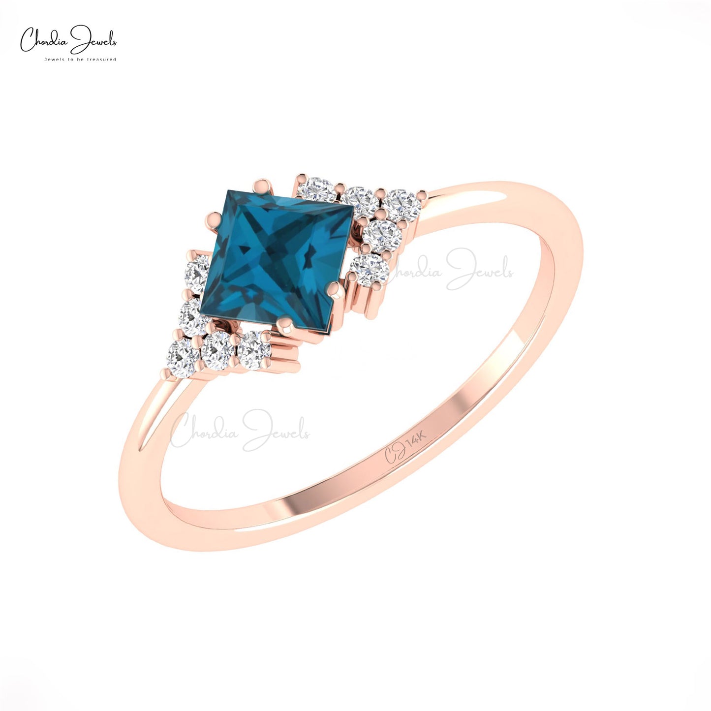 Square Cut 5mm London Blue Topaz With Diamond Half Halo 14k Real Gold Engagement Ring