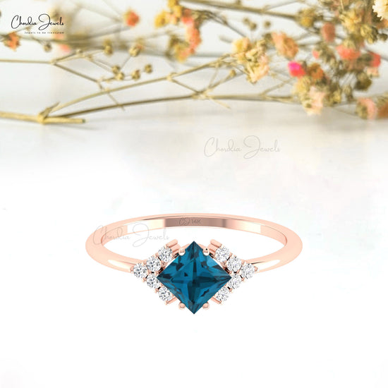 Square Cut 5mm London Blue Topaz With Diamond Half Halo 14k Real Gold Engagement Ring