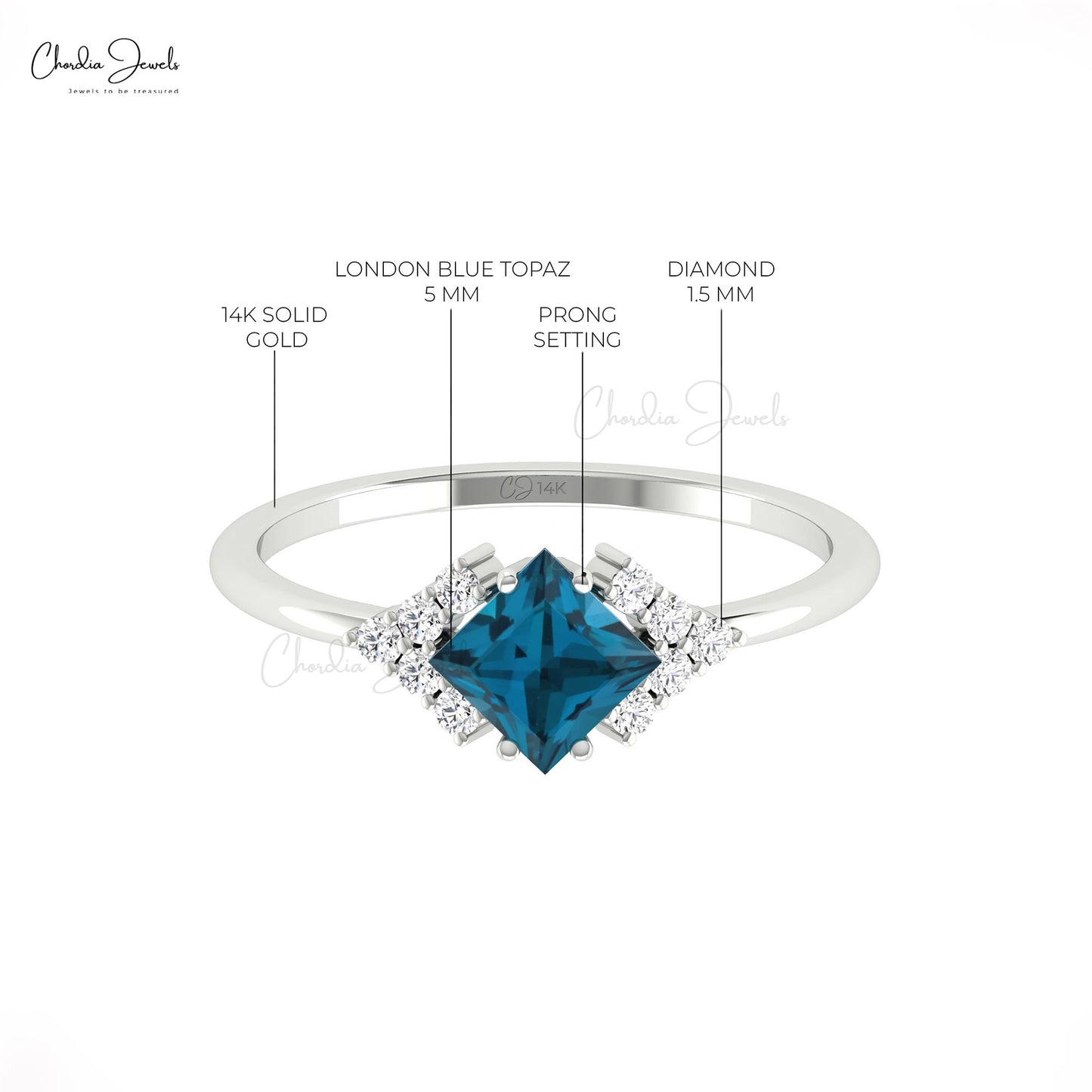 Square Cut 5mm London Blue Topaz With Diamond Half Halo 14k Real Gold Engagement Ring