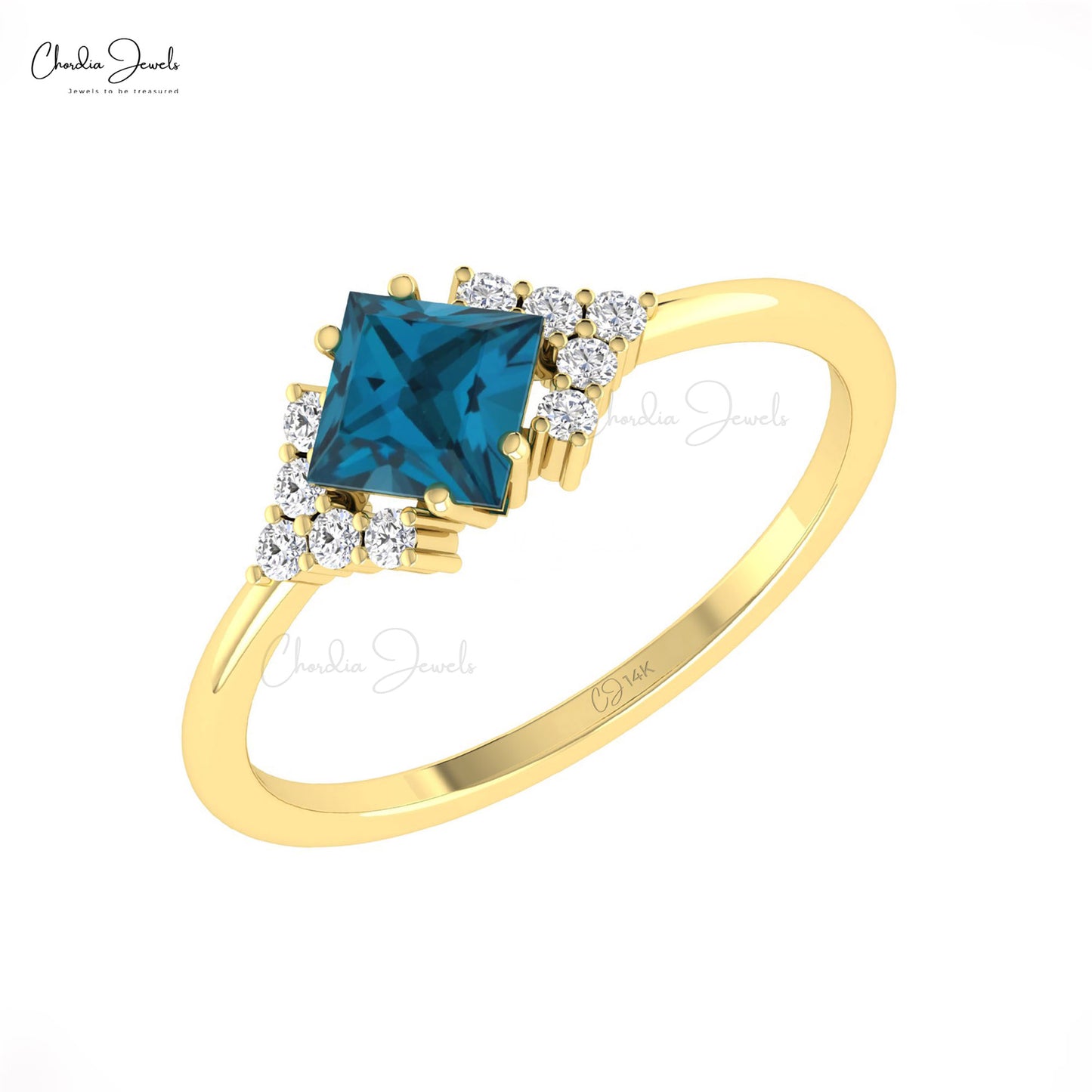 Square Cut 5mm London Blue Topaz With Diamond Half Halo 14k Real Gold Engagement Ring