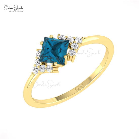 Square Cut 5mm London Blue Topaz With Diamond Half Halo 14k Real Gold Engagement Ring