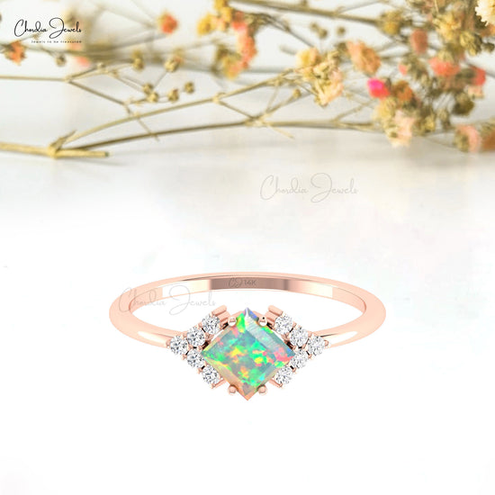 Half Halo Diamond Ring 0.6 CT Prong Set Ethiopian Opal Ring In 14k Solid Gold