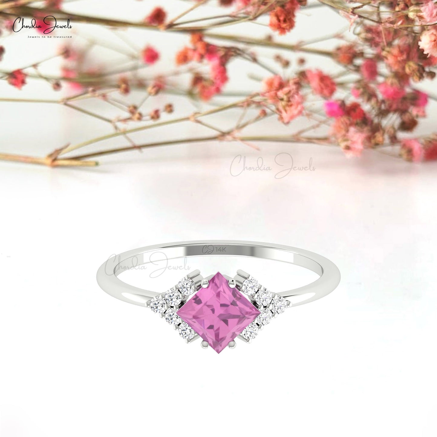 Solid 14k Gold Half Halo Ring With 5mm Pink Sapphire And Diamond Minimalist Women Ring