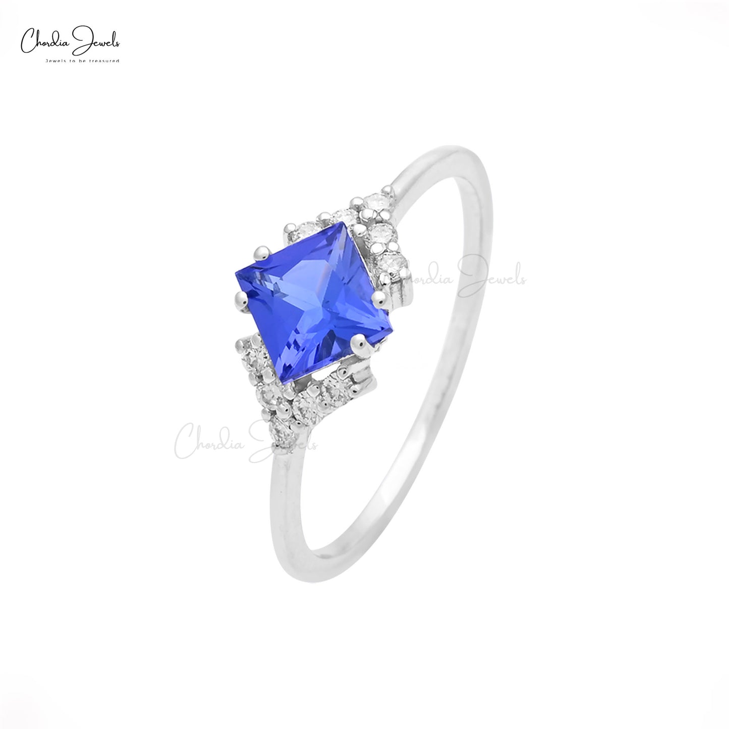 Half Halo Ring With Square Cut 0.6 CT Tanzanite And Pave Diamond 14k Real Gold Ring For GF