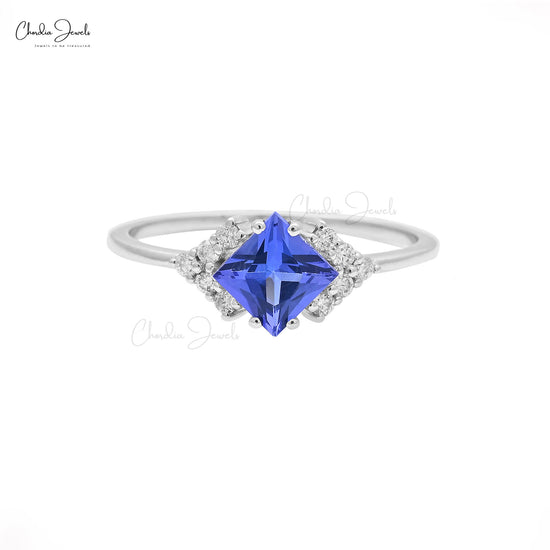 Half Halo Ring With Square Cut 0.6 CT Tanzanite And Pave Diamond 14k Real Gold Ring For GF