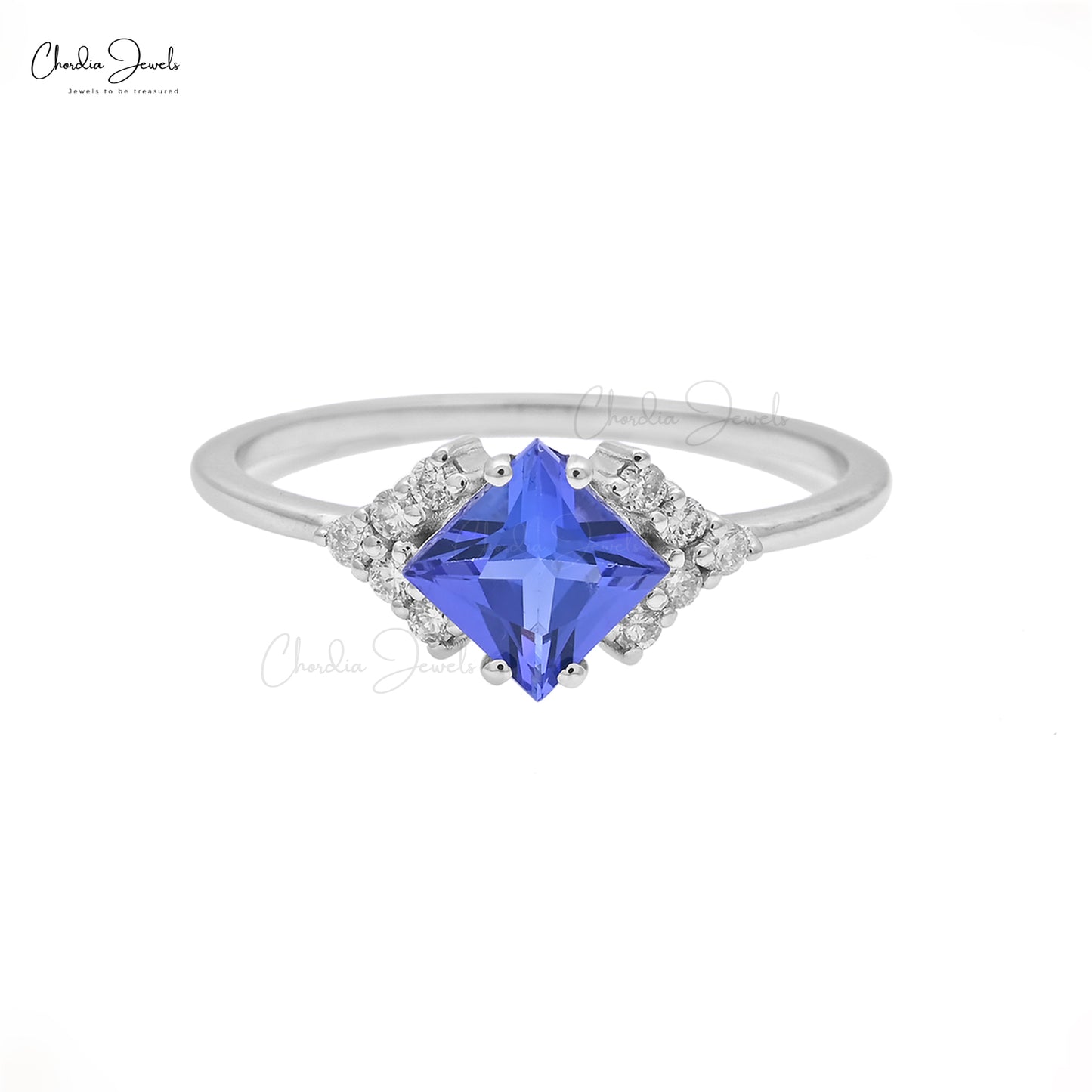 Half Halo Ring With Square Cut 0.6 CT Tanzanite And Pave Diamond 14k Real Gold Ring For GF